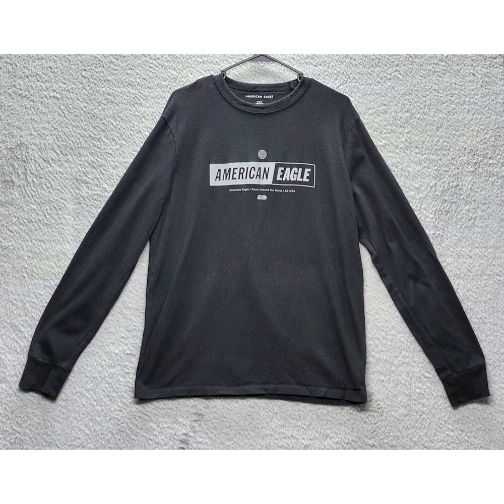 American Eagle Black Long Sleeve Graphic Men's M T-Shirt Standard Fit AE World